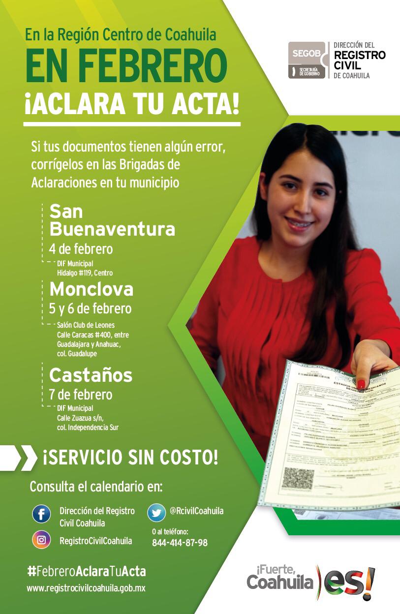 Invita Registro Civil Coahuila: febrero, mes de aclaraciones